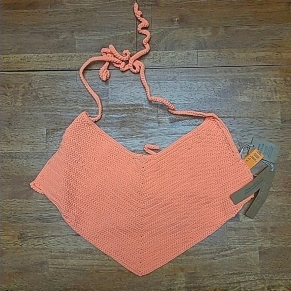 NWT SKIMS Crochet Swim Hankerchief Bikini Top Neon Orange Coral XXS See Color